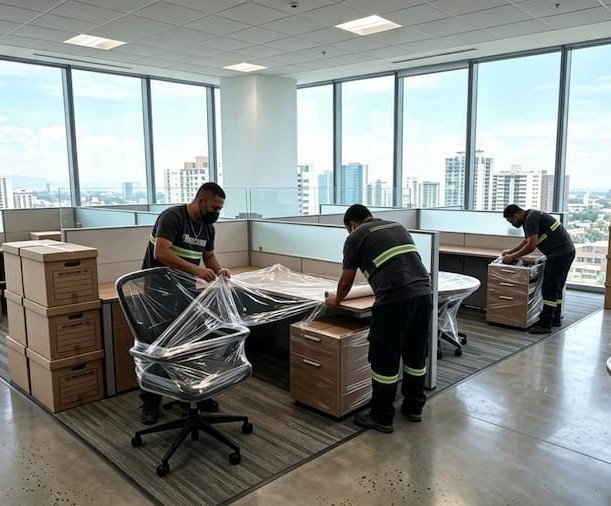 Personal de Rapienvio embalando escritorios y archivos con plástico en una oficina