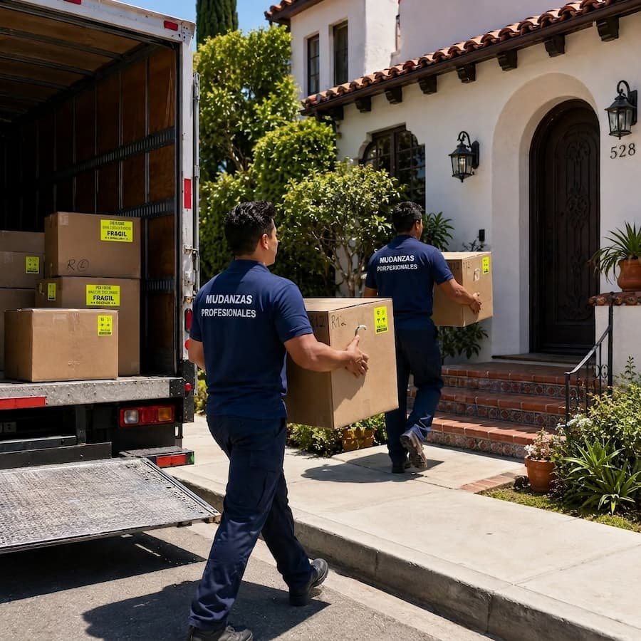Personal de mudanzas entregando cajas en la puerta de una casa, servicio puerta a puerta