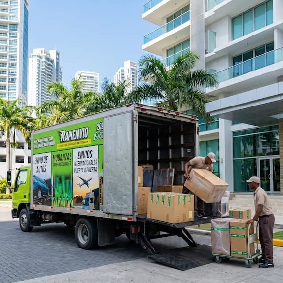 Camión de Rapienvio entregando cajas frente a un edificio en Panamá