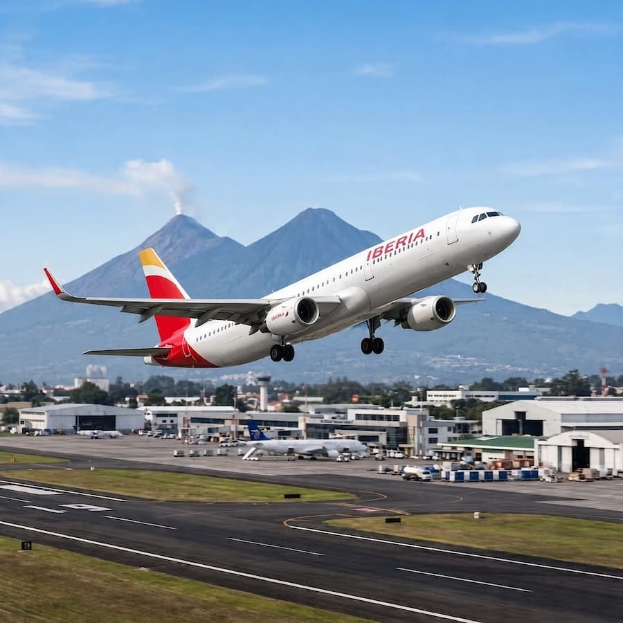 Avión despegando del aeropuerto de Guatemala con los volcanes al fondo, envío aéreo a España
