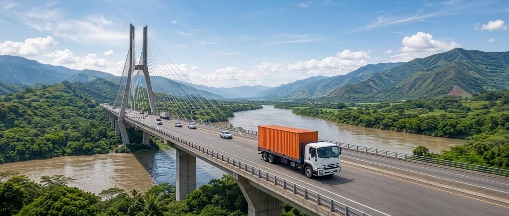 Camión con contenedor cruzando un puente, transporte de mudanza a Colombia