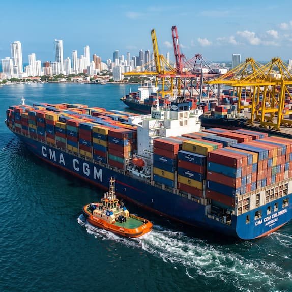 Buque de carga en un puerto, transporte marítimo de mudanza a Colombia