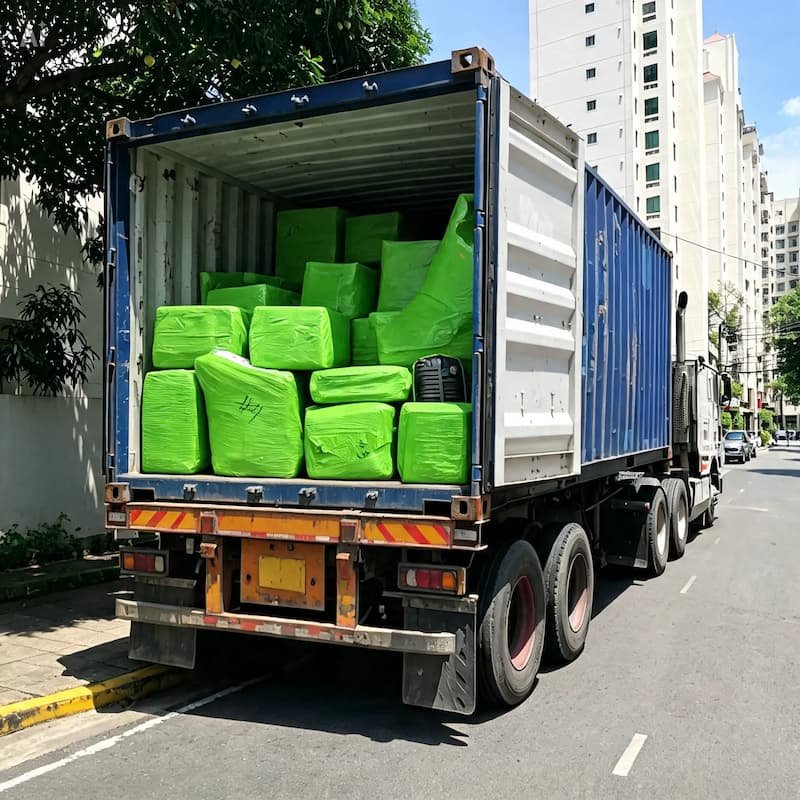 Contenedor cargado con muebles envueltos para mudanza marítima a Estados Unidos en contenedor completo