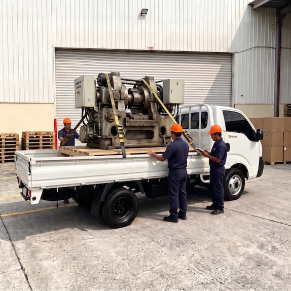 Equipo de Rapienvio asegurando maquinaria industrial en un camión para flete en Guatemala