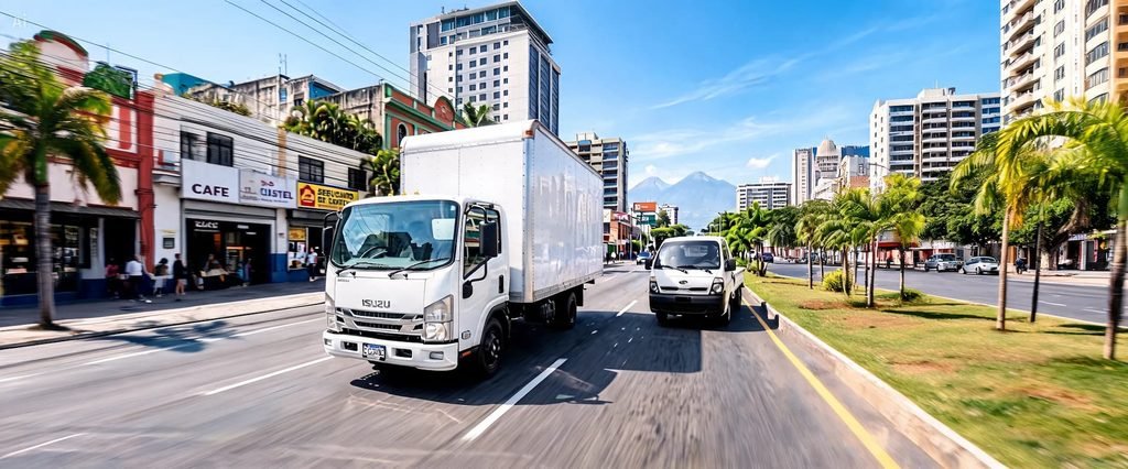 Camiones de Rapienvio realizando fletes en una avenida de Ciudad de Guatemala