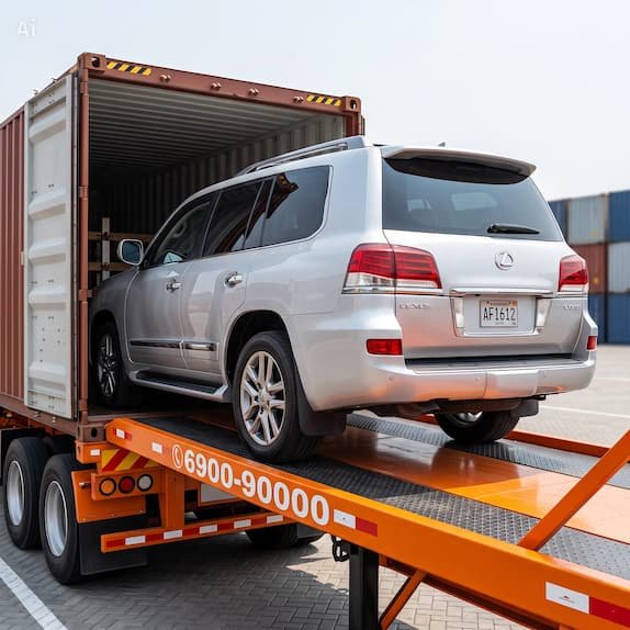 Camioneta plateada cargándose en un contenedor para exportación