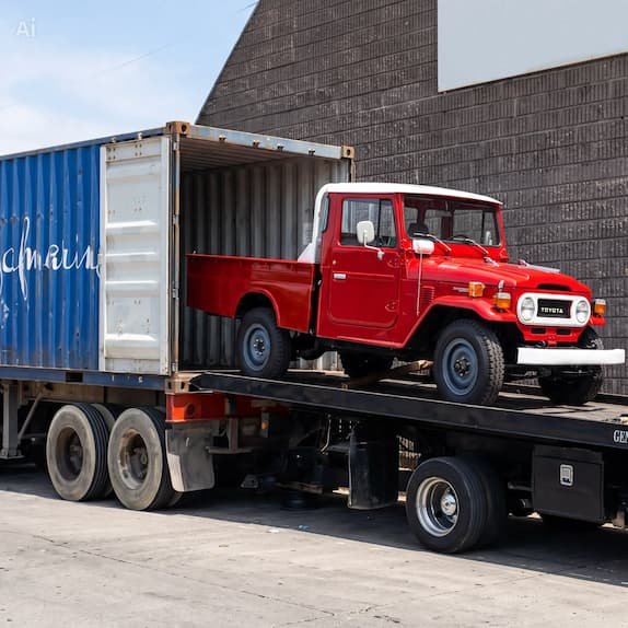 Camioneta roja cargada en un camión con contenedor