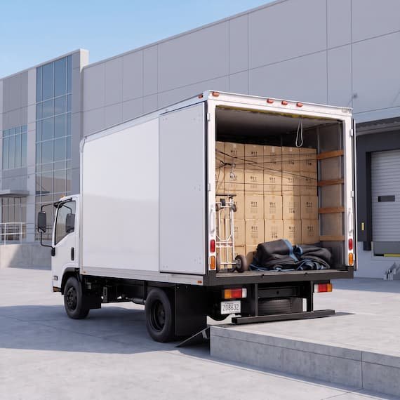 Camión de Rapienvio cargado con cajas listo para flete local en Guatemala
