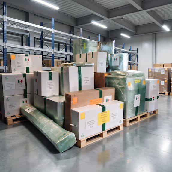 Cajas y tarimas consolidadas en una bodega para enviar a México