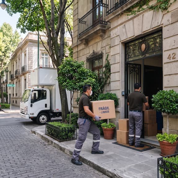 Personal de mudanzas entregando una caja en una puerta en México