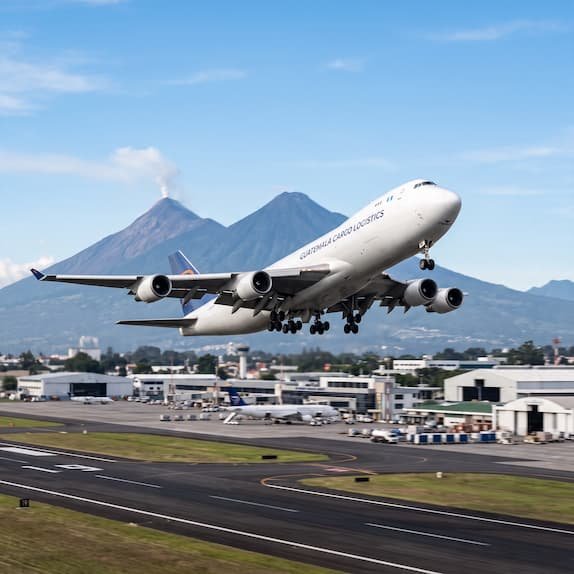 Avión despegando con un volcán de Guatemala al fondo, transporte aéreo a Colombia