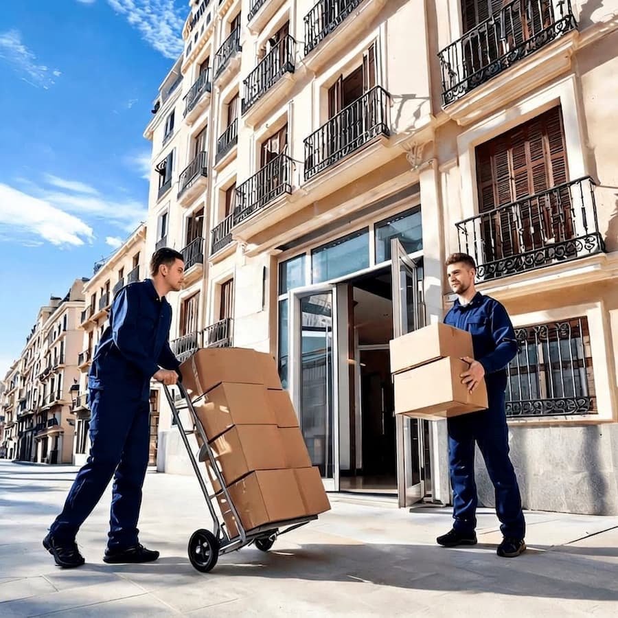 Personal de mudanzas entregando cajas en un edificio de España