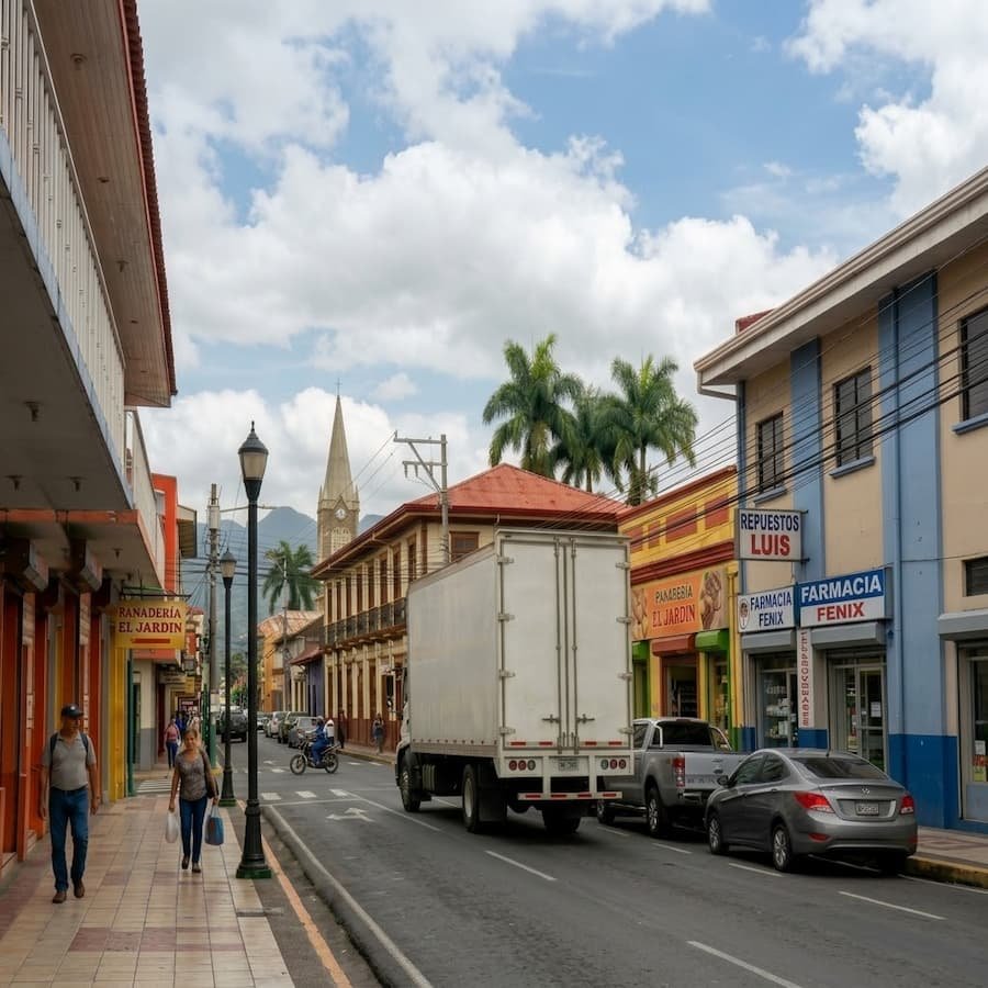 Camión de mudanzas en una calle de una ciudad de Costa Rica