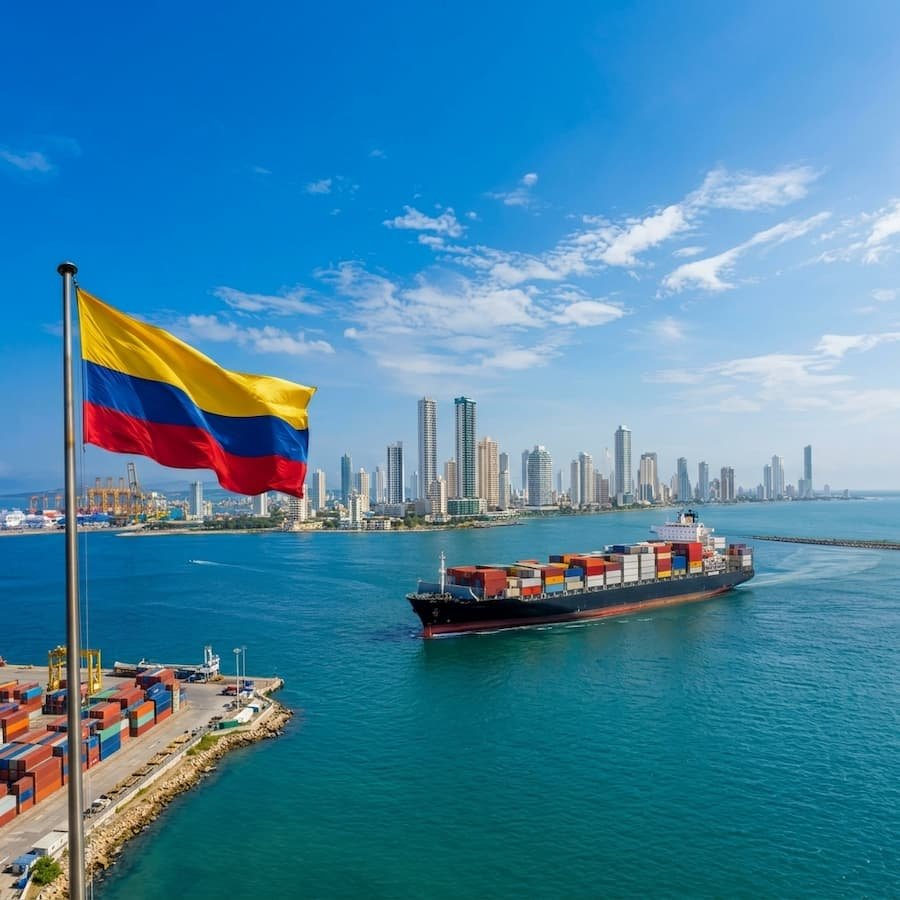 Buque de carga frente a una ciudad colombiana con la bandera de Colombia