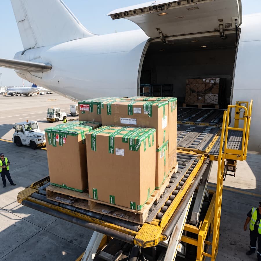Cajas paletizadas junto a un avión de carga para envío aéreo a Estados Unidos