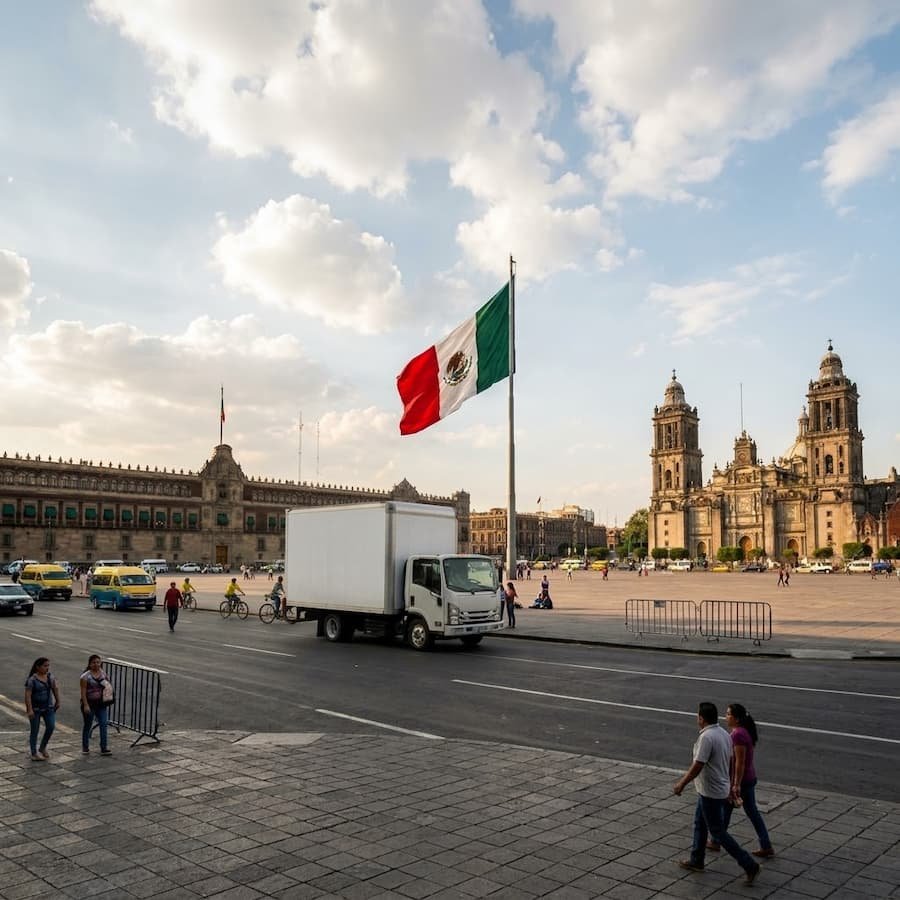Camión de mudanza en una plaza de Ciudad de México con la bandera de México