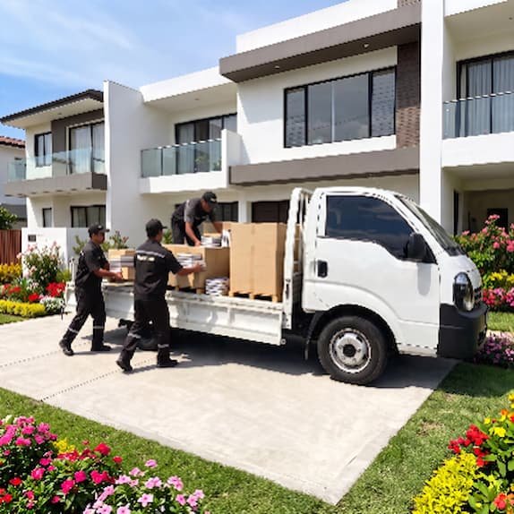 Camión y equipo de Rapienvio cargando una mudanza frente a una casa