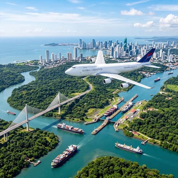 Vista aérea del Canal de Panamá con barcos y un avión, transporte marítimo y aéreo