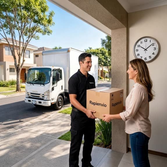 Personal de Rapienvio entregando una caja a una clienta frente a su casa