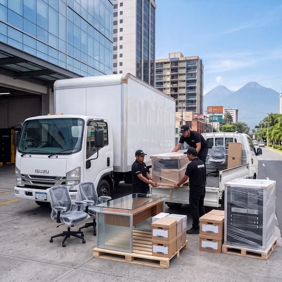 Camión de Rapienvio cargado con escritorios, sillas y cajas para una mudanza empresarial