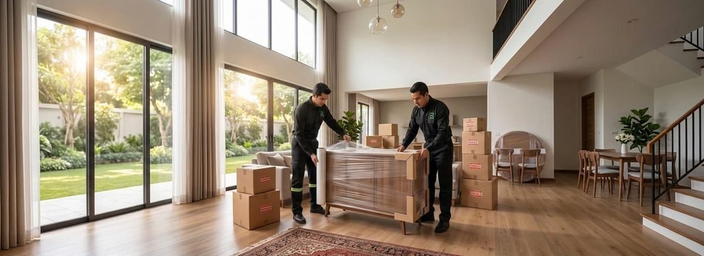 Personal de Rapienvio embalando muebles con plástico en una mudanza local en Guatemala
