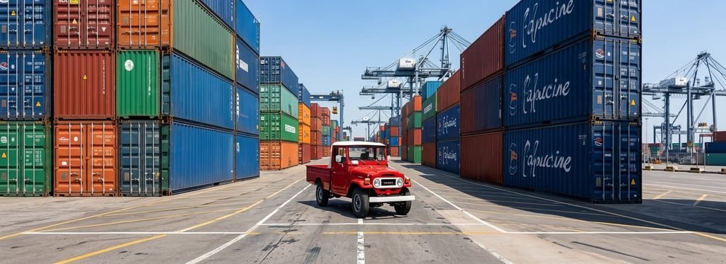 Camioneta roja clásica en un puerto rodeada de contenedores, lista para el envío de vehículos al extranjero